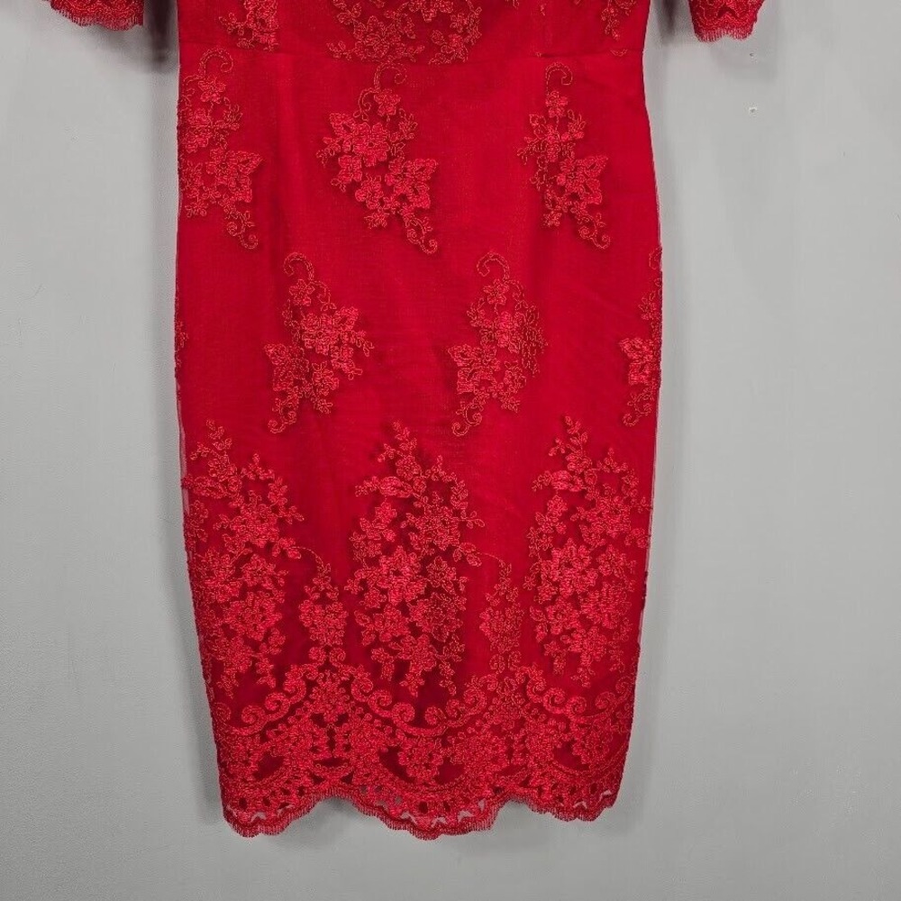 Badgley Mischka Sheath‎ Dress 8 Red Lace Flutter Sleeves Cocktail Romantic - Picture 5 of 16